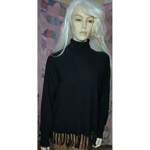 Carmen Marc Valvo Women's L‎ Black Turtleneck Fringe Hem Sweater Western Boho